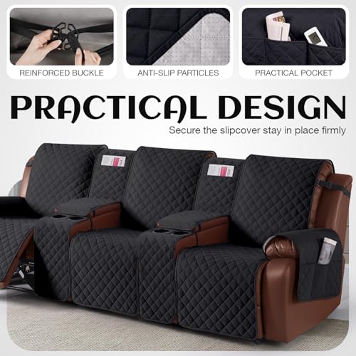 Image of KinCam 100% Waterproof Recliner Sofa Cover with Console, Non-Slip Reclining Couch Covers for 3 Seat, Recliner Couch Cover Furniture Protector with Elastic Straps for Pets, Kids, Black