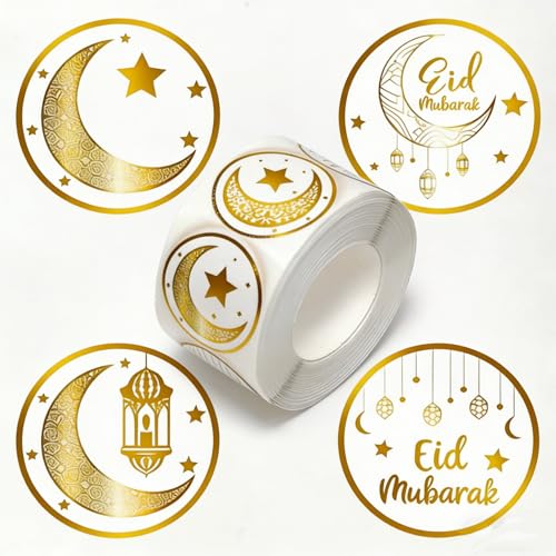500 PCS Eid Mubarak Stickers 1 Roll Ramadan Stickers Self-Adhesive Envelope Seals Stickers Eid Mubarak Ramadan Decorations Holiday Stickers for Envelope Gift Bags Wrapping Cards Party Supplies