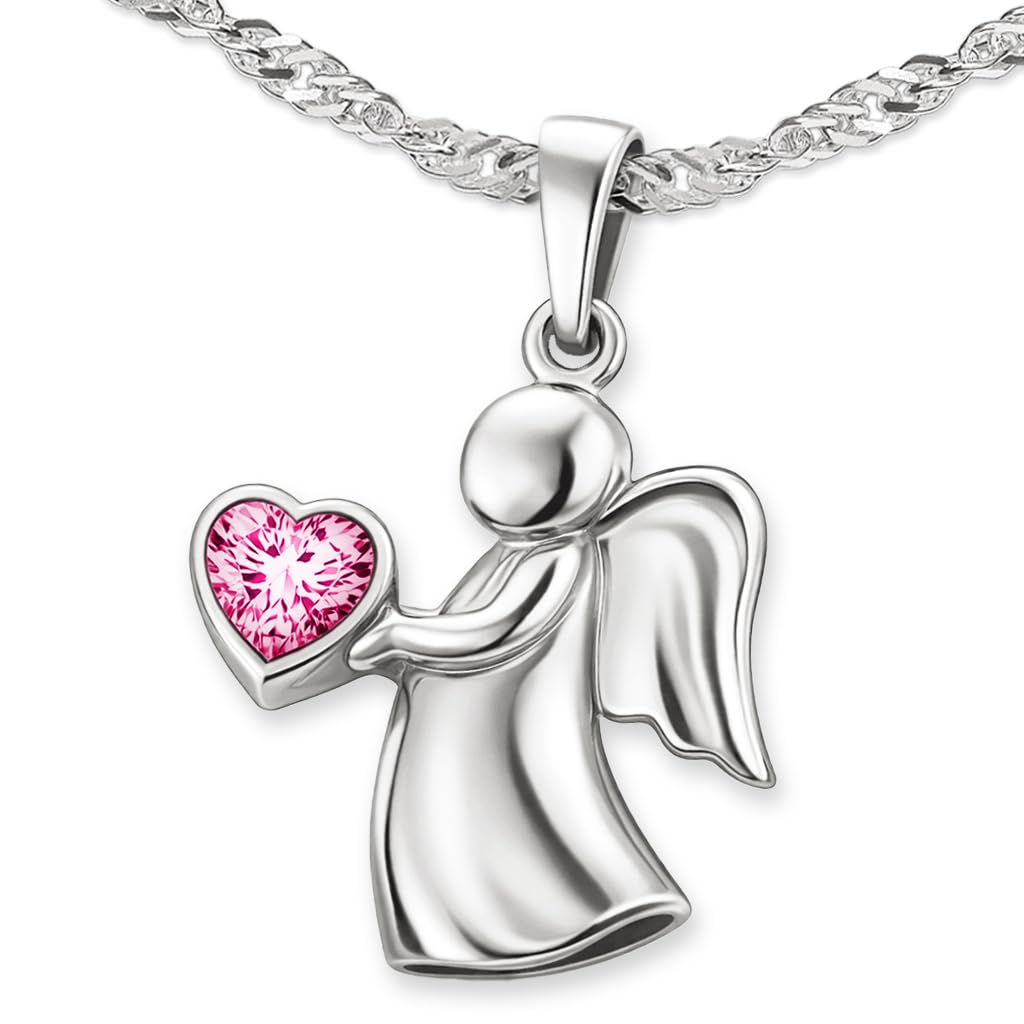 CLEVER SCHMUCK Schutzengel Kette Silber Engel für Mädchen 22 mm mit rosa Zirkonia Herz & Singapurkette 40 cm STERLING 925 im Etui rosa