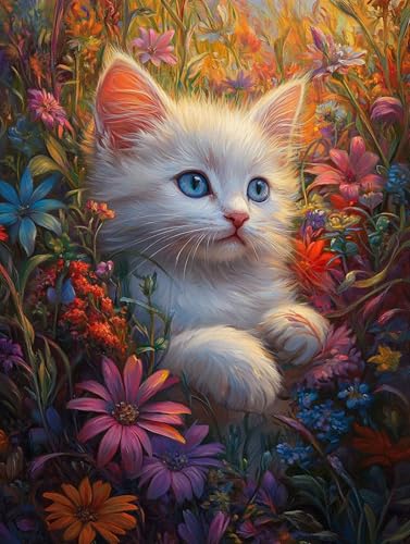 数字油絵 猫 ペイントバイナンバー 花 ナンバーペイント, DIY 絵 デジタル油絵 キット 初心者向け 簡単 Paint by Numbers ブラシとアクリル絵の具が入 手塗り DIY絵 オフィス インテリア リビング装飾, 女性へのギフト 30x40