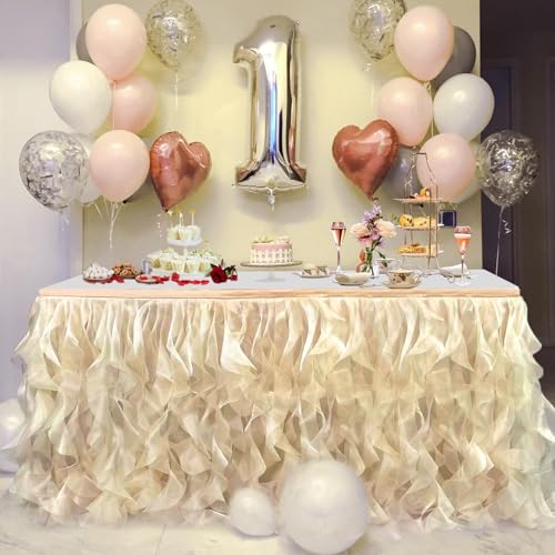 Image of Luxury Organza Mesh Table Skirt Draping Floating Romance - Perfect for Bridal Showers, Birthday Weddings - Clear Flowing Decoration for a Wonderful Main Cake Table (Champagne-9ft, 108 inchLx30 inchH)