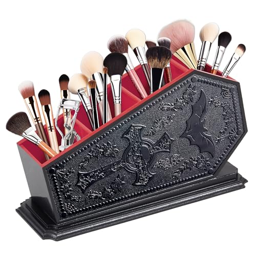 Gothic Coffin Decor Makeup Brush Holder Spooky Witchy Gifts for Women Bat Cosmetic Display Cases Goth Decor Pen Holder Vanity Desk Office Organizer for Bedroom Bathroom (Red)