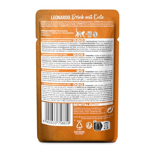 LEONARDO Drink Duck [20x40g Multipack Sorte Ente] Katzendrink | getreidefreie Fleischbrühe mit Fleischstreifen | Ergänzungsfuttermittel für Katzen