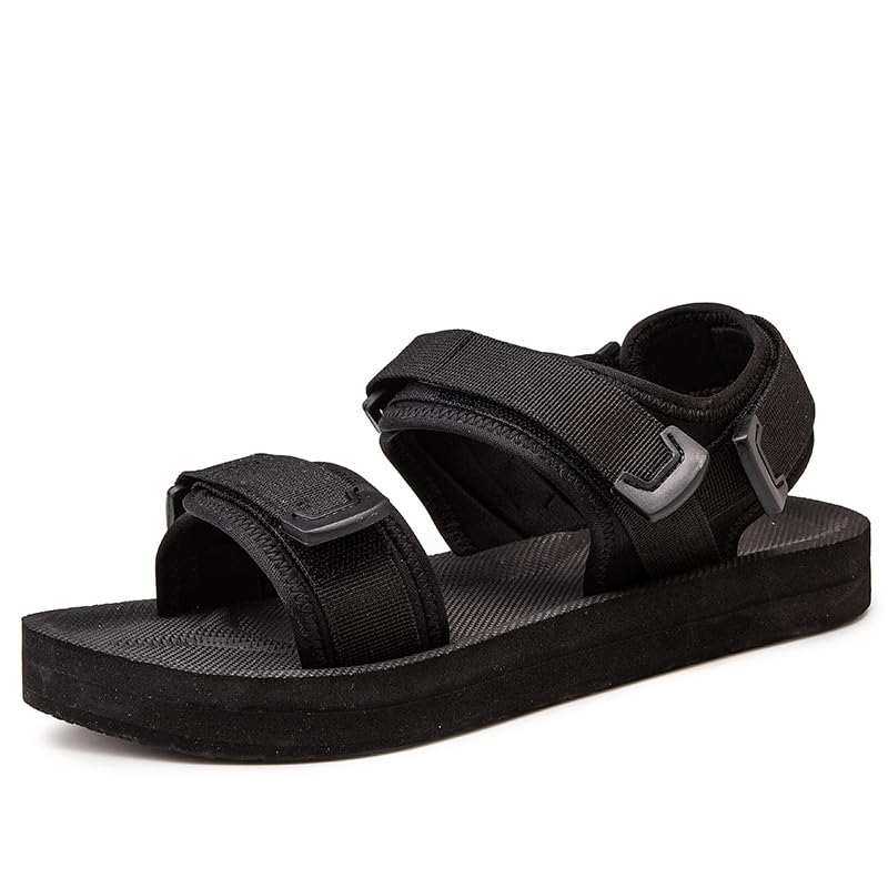 Men's Flat Sandals, Open Toe, Adjustable Straps, Non-Slip Sole, Black, Big Size4