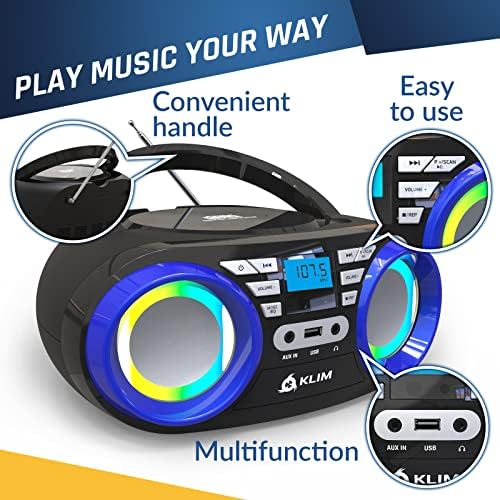 KLIM B3 Portable CD Player - NEW 2023 - FM Radio CD MP3 Bluetooth AUX USB RGB Lights - CD Boombox - Wired and Wireless Mode with Rechargeable Batteries - Upgraded CD Laser Lens - Digital EQ - Blue