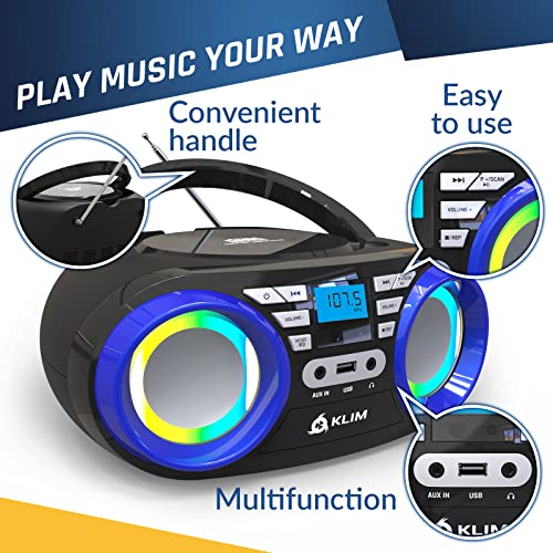 Klim B3 Cd Player Portable Boombox - New 2023 - Fm Radio Bluetooth Cd Mp3 Aux Usb - Rgb - Cd Boombox - Wired And Wireless Mode With Rechargeable Batteries - Upgraded Cd Laser Lens - Digital Eq - Blue #TOP5
