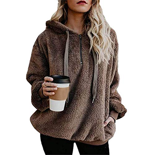 MUMUBREAL Women's Oversized Sherpa Long Sleeve Pullover Zip Sweatshirt Fleece Hoodies with Pockets (Brown L)