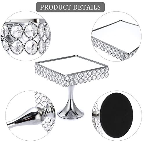 Bstkey 8" Square Wedding Metal Cake Display Stand With Mirror Top Plate, Silver Cupcake Stand With Crystal Beads Decor Pedestal, Dessert Stand For Parties Birthday Afternoon Tea Supplies Centerpiece #TOP2