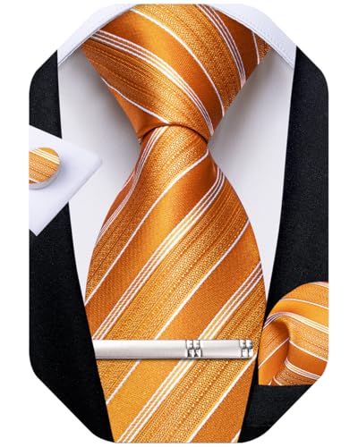 Image of DiBanGu Mens Tie Silk Plaid Striped Necktie and Pocket Square Cufflinks Tie Clip Set with Gift Box Formal Wedding Party