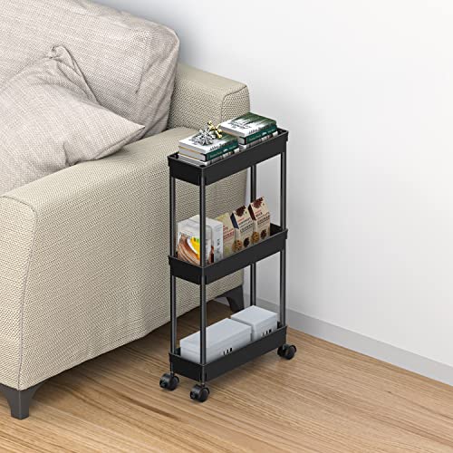Sooyee 3 Tier Rolling Cart With Wheels,Slim Storage Cart,Narrow Storage Cabinet,Under Desk Storage,Rolling Utility Cart Storage Organizer For Office Bathroom Kitchen Laundry Room Narrow Places, Black #TOP6