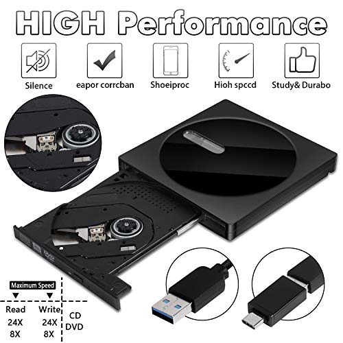 External CD/DVD Drive for Laptop USB 3.0 Portable CD/DVD +/-RW Drive Slim DVD/CD ROM Rewriter Burner (Black)