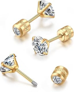 Flat Screw Back Stud Earrings 20G,Tiny Unisex Hypoallergenic Titanium Cartilage Earrings,Safety Screw on Double Round Cubic Zirconia Dainty Helix Earrings for Women,Men,Girls,Size 3-6 mm,Color White Gold - Yellow Gold - Rose Gold - Black