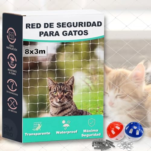 RM Pro® Red para Gatos Terraza 8x3m, Seguridad Transparente Ideal Balcon Ventana, Proteccion Exterior Interior Malla Antidesgarro Duradera, Kit Completo Montaje Cuerda Ganchos Bridas Juguete Regalo