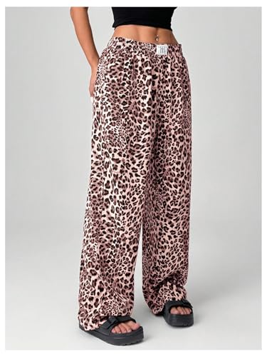 Image of RoseSeek Women's Letter Leopard Print Y2K Straight Elastic Waist Leg Pants | Cheetah Print, Straight, Baggy Loose Fit, Slant Pocket, Streetwear, Vintage, Graphic Trousers