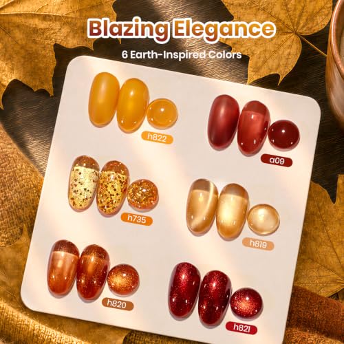Image of Beetles Fall Gel Polish Set, 6 Colors Brown Gold Red, UV LED | 6 warm fall shades with gold shimmer, glitter, brown, red and mustard yellow tones.