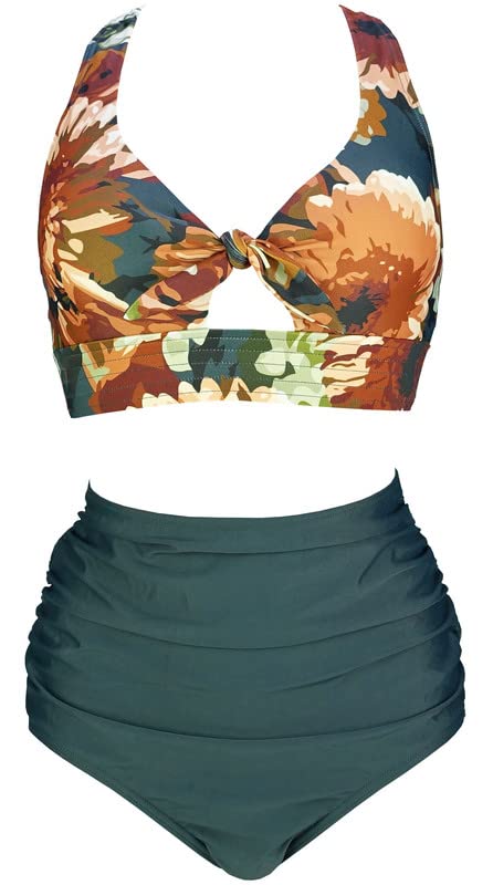 COCOSHIP Women's Retro Front Tie Superband High Waist Two Piece Bikini Set Ruched Beachwear Swimsuit