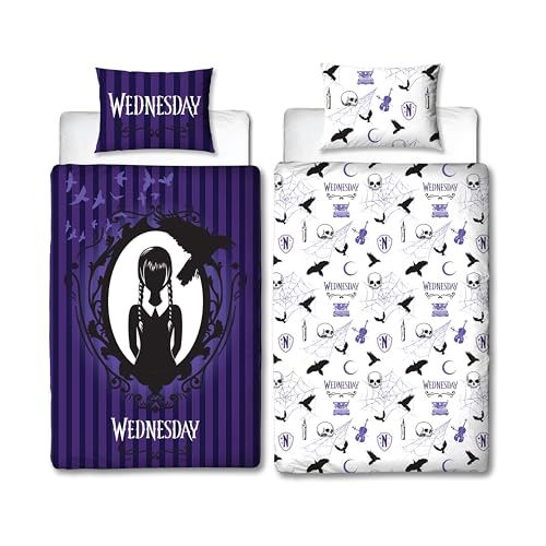 Character World Wednesday - Juego de Funda de edredón Oficial para Cama Individual, Reversible, 2 Caras, Incluye Funda de Almohada a Juego, polialgodón, Color Morado