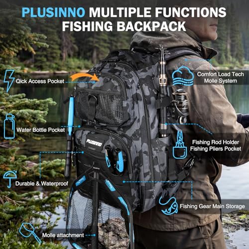 Image of PLUSINNO Fishing Backpack with Fishing Gear Fishing Net, Waterproof Tackle Backpack with Rod Holders, Tackle Box, Lures, Tools, Pliers & Accessories, Fish Gifts for Men
