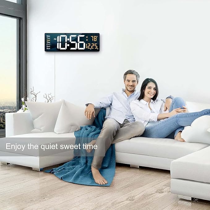 Image of LED Digital Wall Clock Hanging, Auto-Adjustable Brightness, Easy to Read at Night12 /24Hr Auto-Adjustable Brightness Temperature,for Bedroom,Living Room,Office. (White-Orange)