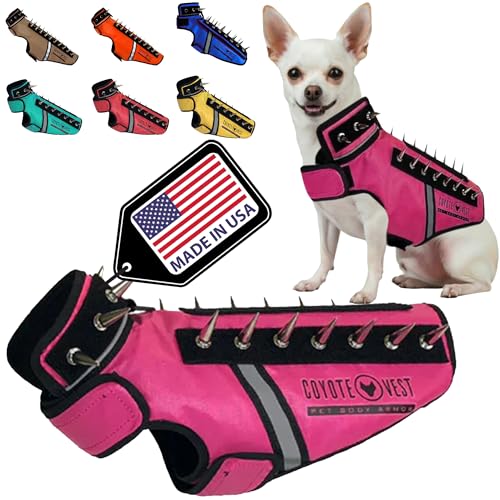 CoyoteVest SpikeVest Dog Harness Vest for Small Dogs, Reflective Dog Vest with Spikes to Shield Your pet from Coyotes, Raptor and Animal Attacks, Anti Hawk Vest, Made in USA (XXS-Pink)