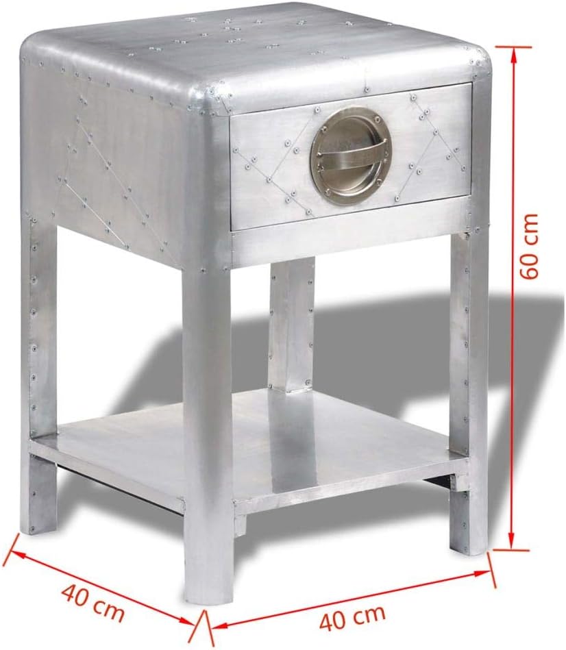 Aluminum Coffee Table Bedside Night Stand with Storage Drawers Aviator End Side Table Aircraft Airman Style Living Room Home Office Furniture Silver 15.7" x 15.7" x 23.6"