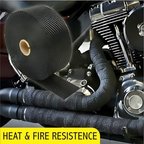 Image of OBEROI'S TRADERS Combo of Universal Silencer Wrap | Bend Pipe Wrap | Bike Exhaust Heat Shield Protector with Clamp Compatible for Royal Enfield Classic, Electra Twinspark, Standard (6 Mtr, Black)