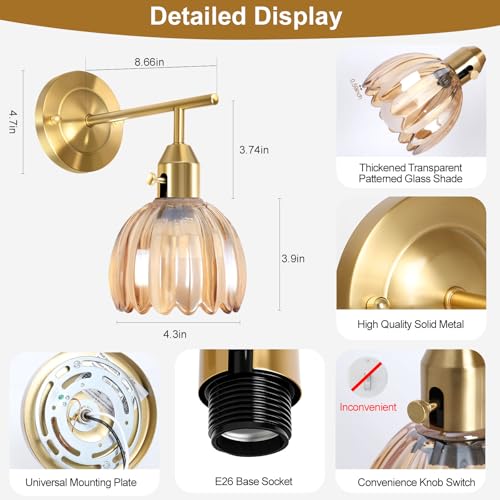 Image of Vintage Gold Wall Sconces Set of 2 with Cute Amber Tulip Glass Lampshade, Hardwired and Wireless Wall Mounted Light Fixtures (2 Usage Methods) with Switch for Bedside Bedroom Living Room Wall Decor