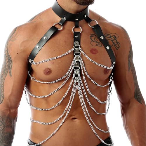 BDSMLOVE Harness Leder, Sissy Dessous Fetisch Sexy Unterwäsche für Männer, Festival Outfit Gay Herren Erotische Reizwäsche für Sex (Weiße Kette)