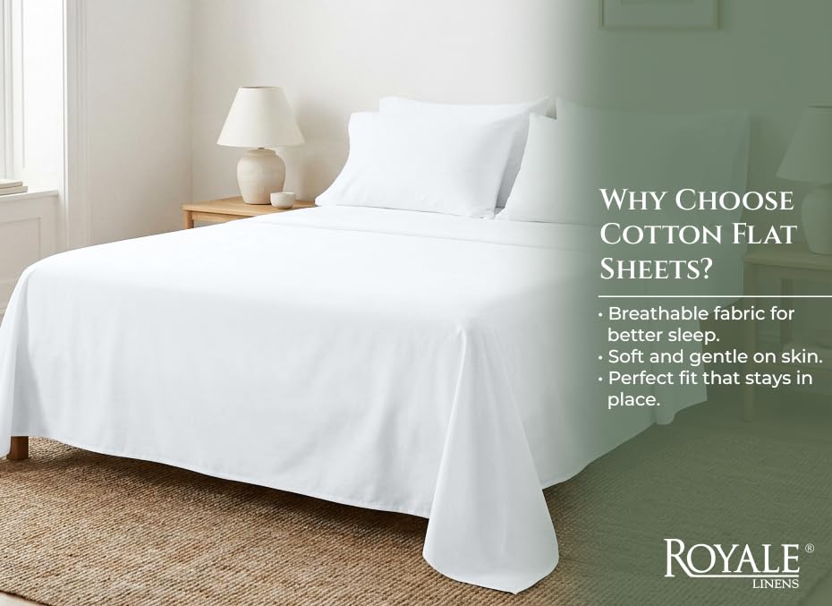 Image of Royale Linens 100% Organic Cotton King Size Flat Sheet Only - Percale Top Sheets - King Flat Sheet Sold Separately - Lightweight & Super Soft 100% Cotton White Bed Sheets Only (105 inch x 102 inch, White)
