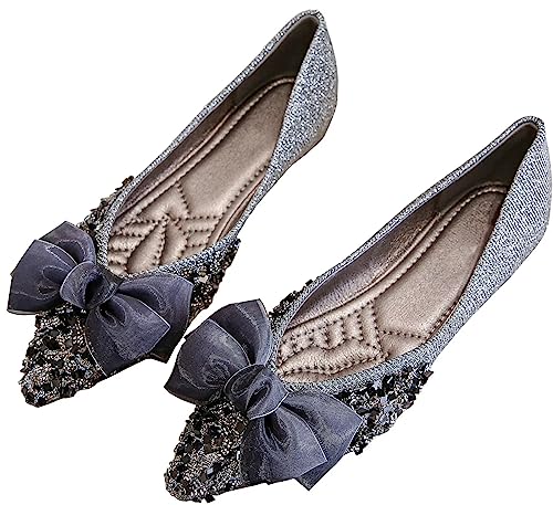 INEELUYI Women's Bowtie Pointy Toe Sweety Style Dress Ballerina Ballet Flats Crystal Bling Formal Working Flat Shoes - Main Image
