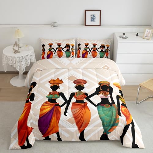 Image of Feelyou African Woman Ethnic Comforter Set King Size Boys Bedding | Adults Afro Traditional Exotic Soft Duvet Set Warm Cozy Breathable Lightweight All Season