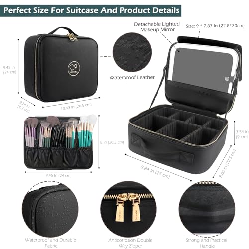 Image of MOMIRA Travel Makeup Bag Cosmetic Bag with Lighted Mirror, Adjustable Brightness in 3 Color Scenarios, Waterproof, 10x Magnifying Mirror, Rotatable Independent Light Mirror- Black(Solid)