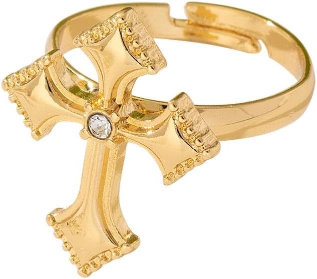Trendy CZ Cross Open Rings Gold-Tone Plated Unique Rhinestone Religious Faith Knuckle Stackable Finger Adjustable Simple Band Promise Eternity Ring Wedding Statement Modern Jewelry for Women Men Couple