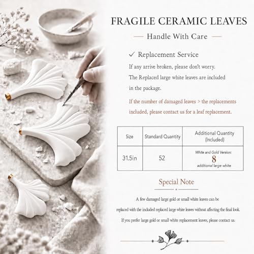 Image of L31.5 Inch Branch Chandelier Ceramic Ginkgo Leaf Chandeliers Brass Hanging Lights Fixtures for Dining Room Living Room Kitchen Island, 5-Light