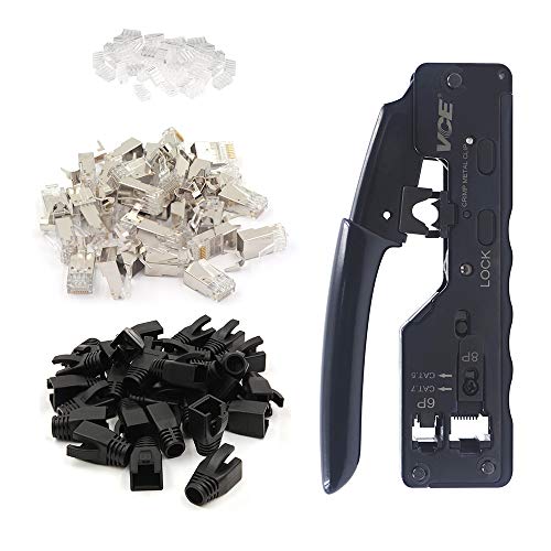 VCE GJ669BK Crimpadora RJ45 para Conectores RJ45 RJ11 Cat7 Cat6A Cat6 Cat5 Incluye 20 Conectores RJ45 Cat7 con Funda Negro