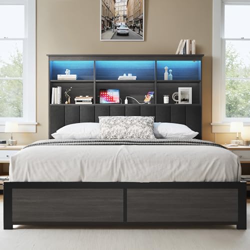 HISOFT Rustic Queen Bed Frame with Storage & Charging Station - Image 3