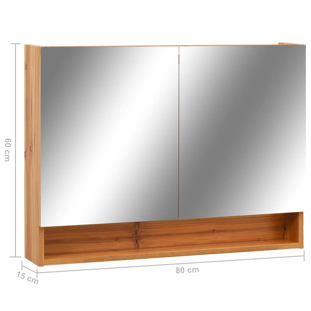 Szafka z lustrem LED do łazienki, dębowa, 80 x 15 x 60 cm, płyta MDF z powierzchnią melaminową, przyłącze USB, 2 drzwi, 3 wkładane półki, zajmuje mało miejsca do umywalki i toalety dla gości