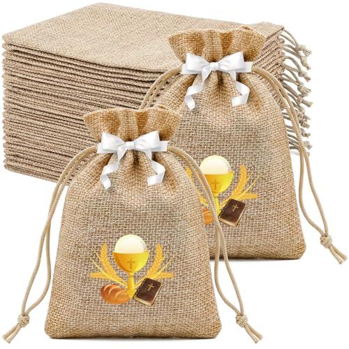 24pcs Sachet Dragée Jute Pochette Baptême Communion Confirmation, Contenant Dragées Baptême 10x14cm avec Ruban, Sachet Jute pour Bonbon Chocolat Cadeau...