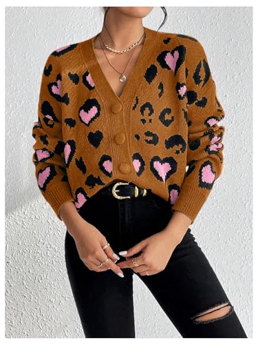 Image of MakeMeChic Women's Leopard Cardigan Sweaters V Neck Button Down Long Sleeve Y2K Cardigan