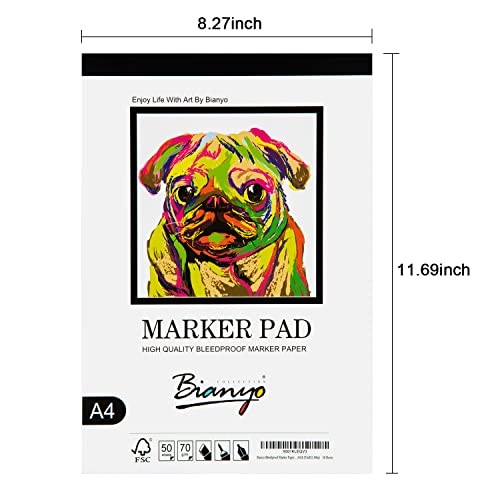Bianyo Bleedproof Marker Paper Pad, A4(8.27"X11.69"), 50 Sheets, 18 Lb / 70 Gsm, Glue-Bound, 100% Cotton, White, Ideal For Use With Markers And Ink Mediums #TOP5
