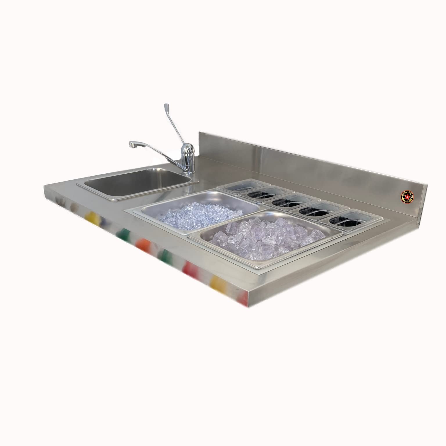 Generico Cocktail station cm. 100xp70 da appoggio, €.678+iva, Top Barman, Piano Preparazione Cocktails, Piano in acciaio inox con alzatina alta cm.18 attrezzato come da foto