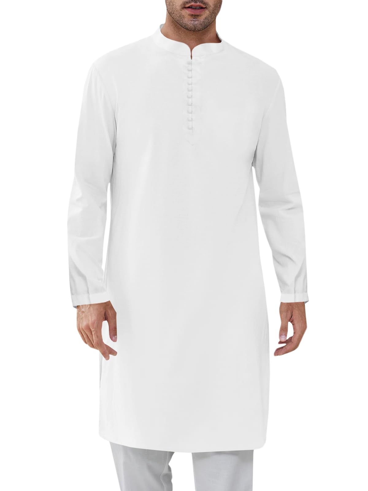 Mens Kaftan Thobe Button Down Henley Shirts Robe Long Sleeve Casual Cotton Linen Muslim Gown Shirt