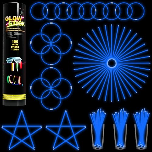 100 Pk Blue Glow Sticks Bulk 8 in Glow Necklaces & Bracelets for Kids & Adults DIY Glow In The Dark Party Supplies Glow Sticks for Neon Party Halloween Trick or Treat Alternatives 4th of July(Blue)