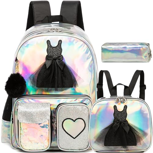 Meetbelify Mochila para meninas, para crianças do ensino fundamental, pré-escolar, mochila fofa com lancheira, Preto 01, 16.5' x 11.8' x 7', Clássico