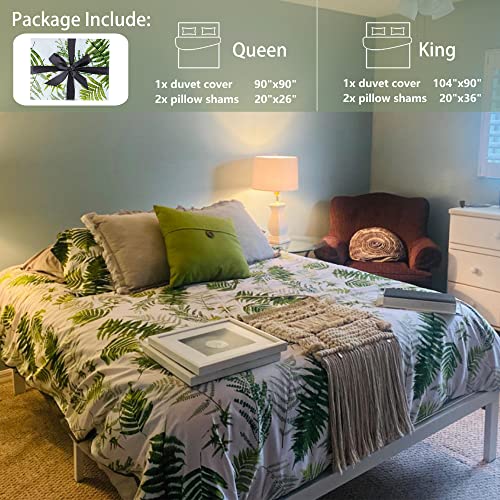 MILDLY 100% Long-Staple Cotton Duvet Cover Set King Size Green Palm Leaf Printed Luxury Comforter Cover Set Reversible Tropical Ultra Soft
