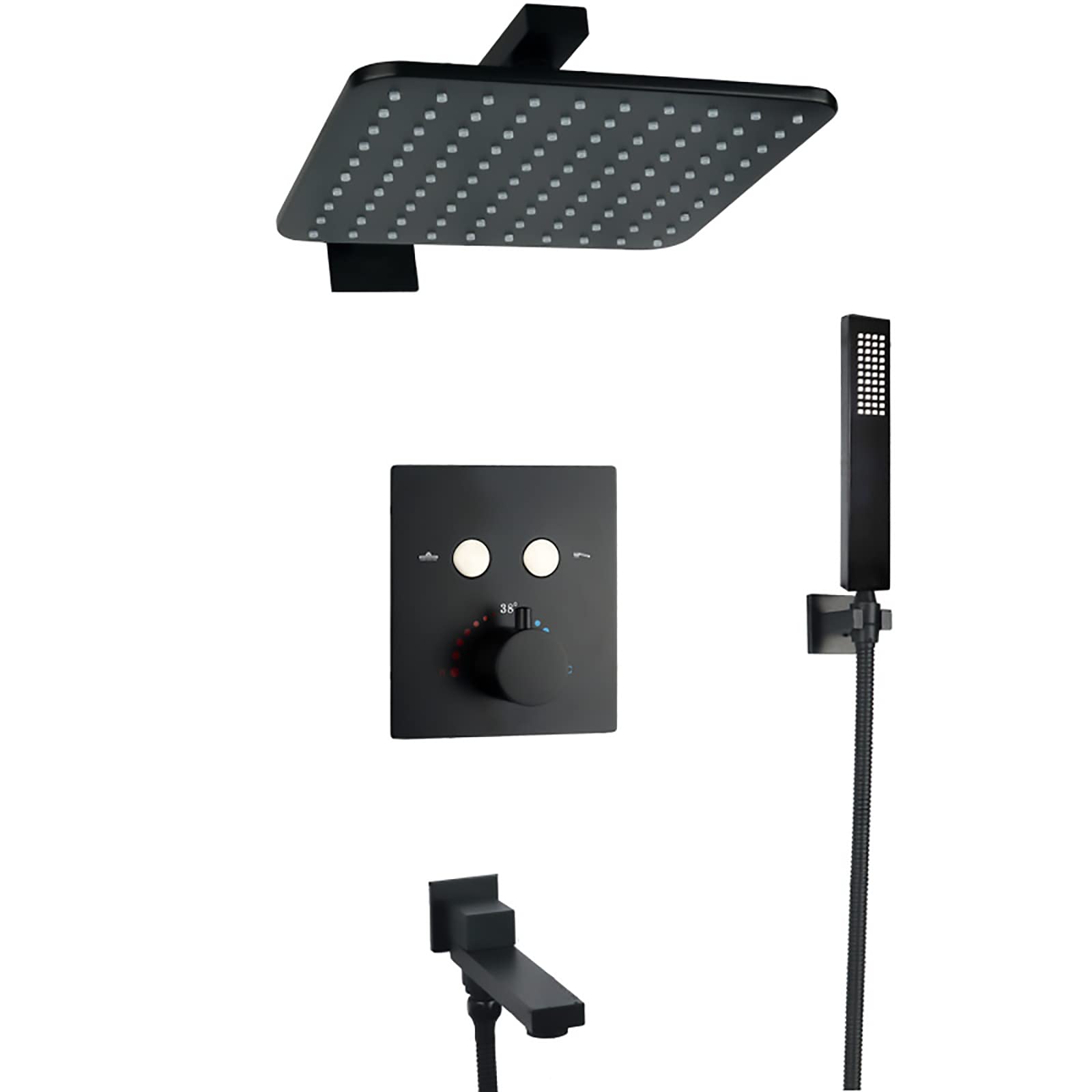 WOTZOV Shower System Thermostatic Faucet Set 10 Inches Rain Combo Wall Mounted Tub And Trim Kit With Handheld Sprayer And Square Head, Swivel Spout,Brushed Nickel，Nero