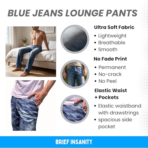 Image of BRIEF INSANITY Unisex Pajama Pants That Look Like Jeans - Soft Novelty PJ Bottoms with Side Pockets & Elastic Waist
