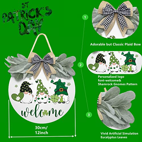 St Patricks Day Welcome Door Sign For Front Door Welcome Shamrock Gnomes Pattern Wreath Door Sign With Greenery & Bow Wooden Round St Patricks Day Decoration For The Home Farmhouse Decor (White) #TOP1