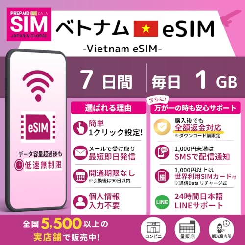 [ �x�g�i�� eSIM ] �I�����C���ŒZ�������s�i���[�����j�b�I�ׂ�e�ʁE�����b�����pOK�b���S24���ԓ��{��T�|�[�g�b�ᑬ�������t�� (7Days-Daily 1GB)