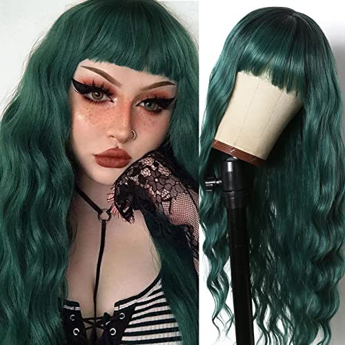 FUGADY Green Wig with Bangs Natural Wave Dark Green Wigs for Women Colored Wigs with Bangs Heat Resistant Ombre Green Wigs Colorful Wigs Cosplay Wig Daily Party（Synthetic 24 Inches)
